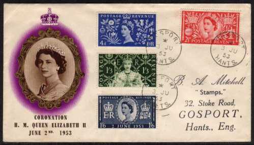 view larger back view image for Coronation set of four on illustrated FDC with cancelled with three GOSPORT - HANTS steel CDS's with handstamp address.