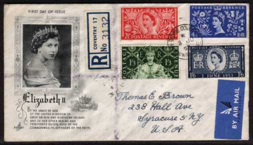 view larger back view image for Coronation set of four on illustrated Registered FDC with cancelled with a single steel CDS from PARADISE - COVENTRY - WARWICKSHIRE with handwritten address to USA