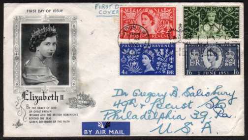 view larger back view image for Coronation set of four on illustrated FDC with cancelled with the 'LONG LIVE THE QUEEN' slogan from LONDON S.W.1 on rather boldly hand addressed cover to USA