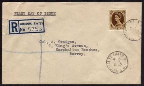 view larger back view image for Wilding - Tudor Crown - 1/- Bistre-Brown on plain typed address FDC cancelled with a VICTORIA ST B. O. CDS