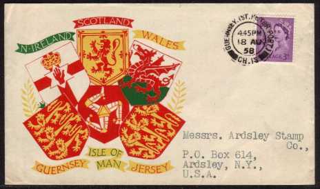 view larger back view image for GUERNSEY - 3d Deep Lilac on a colour illustrated FDC with neat typead address.