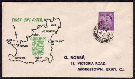 view larger back view image for GUERNSEY - 3d Deep Lilac on a pretty FDC (address was printed as part of design) cancelled with a GUERNSEY - ST PETER PORT CDS dated 18 AU 58