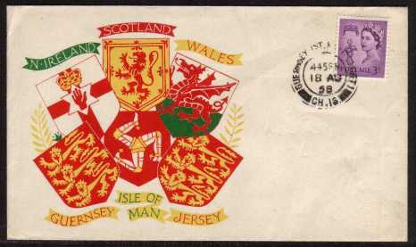 view larger back view image for GUERNSEY - 3d Deep Lilac on an uUNADDRESSED colour printed FDC cancelled with a GUERNSEY CDS.