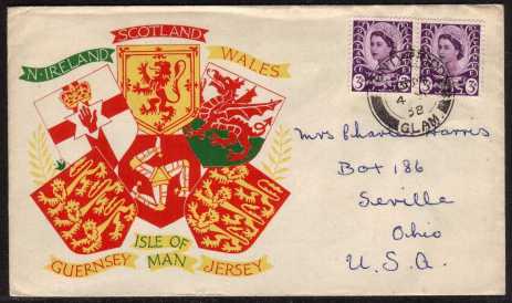 view larger back view image for WALES - 3d Deep Lilac on a colour printed FDC bearing two stamps with hand written address to USA
