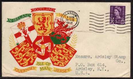 view larger back view image for SCOTLAND - 3d Deep Lilac on a colour illustrated FDC with typed address and GLASGOW wavy line cancel