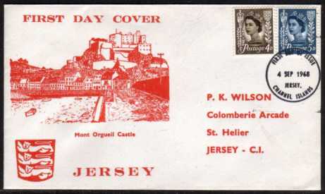 view larger back view image for JERSEY - 4d and 5d on illustrated FDC (address printed at same time as design) with next JERSEY - CHANNEL ISLANDS FDI cancel.