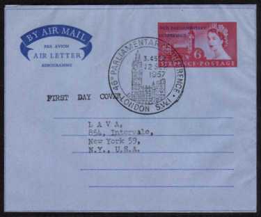 view larger back view image for Parliamentary Conference Air Letter with printed address overprinted in blue '46th PARLIAMENTARY CONFERENCE' neatly sealed and cancelled with a crisp upright 'Big Ben' double ring cancel. A very rare item as very few were serviced.