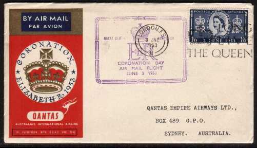 view larger back view image for 1/6d Coronation single og QANTAS illustrated FDC cancelled with a LONDON f.S. Slogan cancel reading 'LONG LIVE THE QUEEN' and also bearing the Purple 'CORONATION DAY AIR MAIL FLIGHT' handstamp. Scarce.
