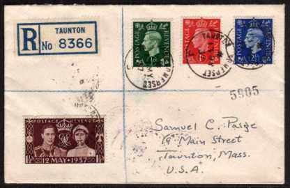 view larger back view image for Coronation single three definitives on plain Registered FDC cancelled with a three TAUNTON - SOMERSET steel CDS's hand addressed to TAUNTON in USA. The cover has TAUNTON arrival cancels on back. Probably unique usage!