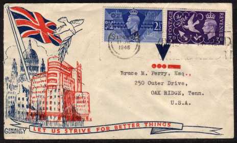 view larger back view image for Victory set of two on illustrated FDC showing Broadcasting House and DONT WASTE BREAD slogan with neat typed address.
