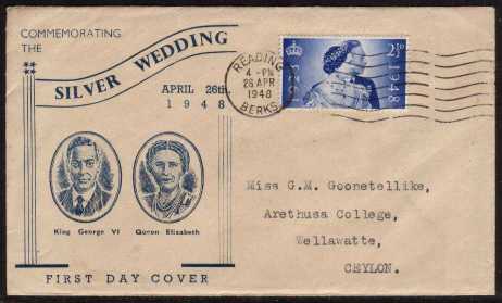 view larger back view image for Royal Silver Wedding 2�d single on illustrated FDC waith neat typed address unusually to CEYLON and cancelled with a READING - BERKS wavy line.
