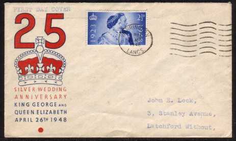view larger back view image for Royal Silver Wedding 2�d single on bi-coloured illustrated FDC wathe neat ryped address and WARRINGTON - LANCS wavy line cancel