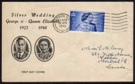 view larger back view image for Royal Silver Wedding 2�d single on illustrated FDC with handwritten address to CANADA cancelled with a LONDON SW1 wavy line. Scarce cancel.
