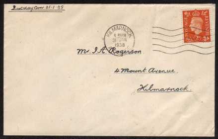 view larger back view image for 2d Orange definitive single on plain hand addressed cover cancelled with a crisp wavy line cancel for KILMARNOCK - AYRSHIRE