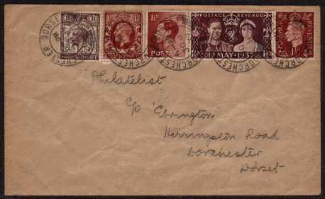 view larger back view image for 1�d Red-Brown George 6th definitive on plain FDC together with four previous 1�d  stamps. Unusual.
