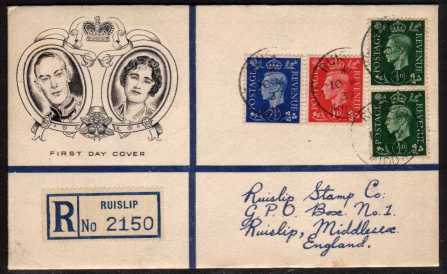view larger back view image for �d 1d 1�d definitives on very neat illustrated Registered FDC with printed address (not hand written) cancelled with four RUISLIP CDS's. Very attractive.