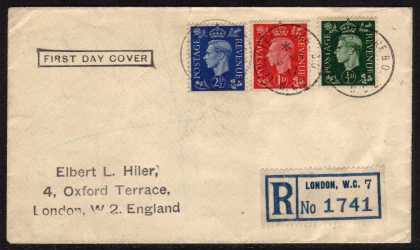 view larger back view image for �d 1d 1�d definitives on very neat plain Registered FDC with hand stamp address cancelled with a three LEICESTER SQUARE B.O. WC2 CDS's