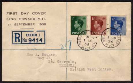view larger back view image for King Edward 8th  - �d, 1�d and 2�d values on Registered printed cachet FDC to BERMUDA cancelled with two crisp steel CDS's QUEEN STREET - EXETER - DEVON. A royal relatyed cancel!! Possibly unique!