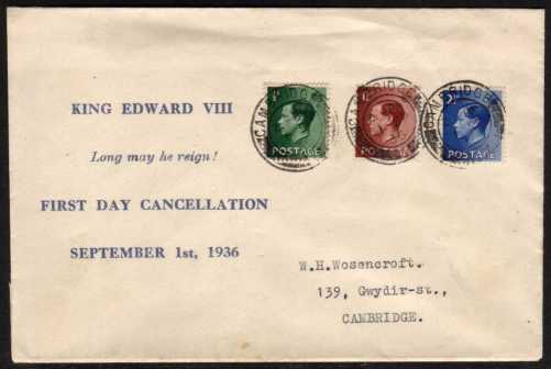 view larger back view image for King Edward 8th  - �d, 1�d and 2�d values on printed cachet FDC stating 'Long may he reign!' LOL Each stamp cancelled with a CAMBRIDGE double ring CDS and with neatly typed address.