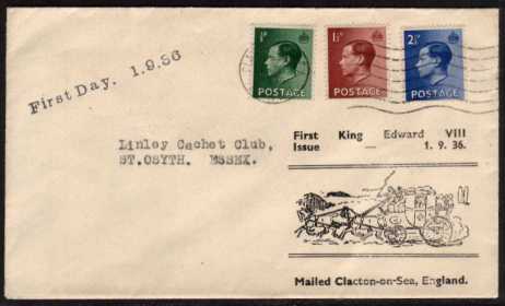 view larger back view image for King Edward 8th  - �d, 1�d and 2�d values on illustrated FDC with nice stagecoach design cancelled with a CLACTON ON SEA wavy line and with typed address. Pretty.