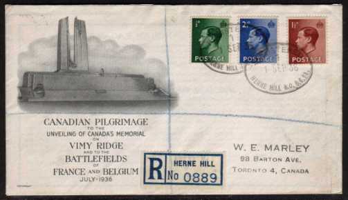 view larger back view image for King Edward 8th  - �d, 1�d and 2�d values on superb illustrated envelope for the CANADIAN VIMY RIDGE MEMORIAL addressed to Canada calcelled with two oval REGISTERED - HERNE HILL BO SE24 cancels. A very attractive combo.