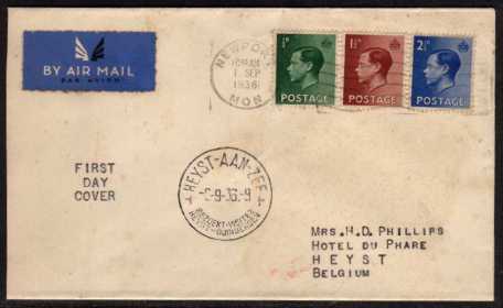 view larger back view image for King Edward 8th  - �d, 1�d and 2�d values on typed envelope to BELGIUM with typed cachet at left cancelled with a NEWPORT - MON wavy line cancel.
