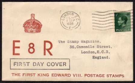 view larger back view image for King Edward 8th  - �d value on very attractive printed cachet FDC cancelled with a LONDON E.C. wavy line cancel with very neat typed address.