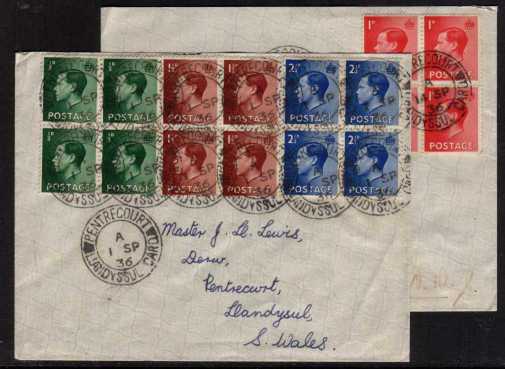 view larger back view image for King Edward 8th  set of four in blocks of four on a matched pair of plain FDC's cancelled with a PENTRECOURT - LLANDYSSUL - CARD double ring CDS's. A total of 15 strikes on the front of both covers. Unusual.