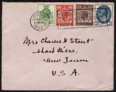 view larger back view image for Postal Union Congress low values set of four on plain FDC cancelled with a LONDON W1 advertising slogan for the NEWCASTLE EXHIBITION on neatly hand addressed envelope. Superb!