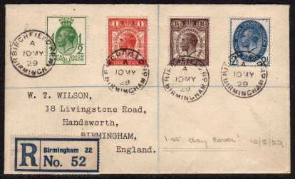 view larger back view image for Postal Union Congress low values set of four on plain Registered FDC cancelled with four crisp BIRCHFIELD - BIRMINGHAM CDS's addressed to the very famous collector/dealer 'W. T. WILSON' with a neatly typed address. Mr Wilson collected British Commonwealth covers and many stunning FDC's were produced by him for his collection. A superb gem!