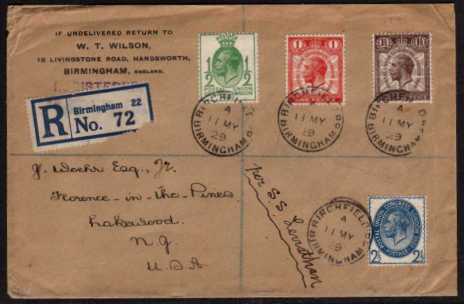 view larger back view image for Postal Union Congress low values set of four on plain cover dated 11 MY 29 - unfortunately the 2nd day send by the famouns collector/dealer 'W.T. WILSON' to USA. This cover if it had been 1st day would have been �300+. A great spacefiller!