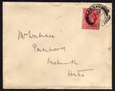 view larger back view image for 1d Photogravure on plain envelope cancelled with a OAKHAM - RUTLAND double ring CDS