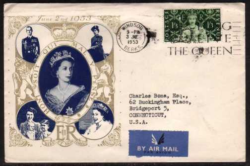 view larger back view image for 1/3d Coronation single on illustrated FDC with typed address to USA cancelled with the WINDSOR slogan reading LONG LIVE THE QUEEN. Shame its not the full set!
