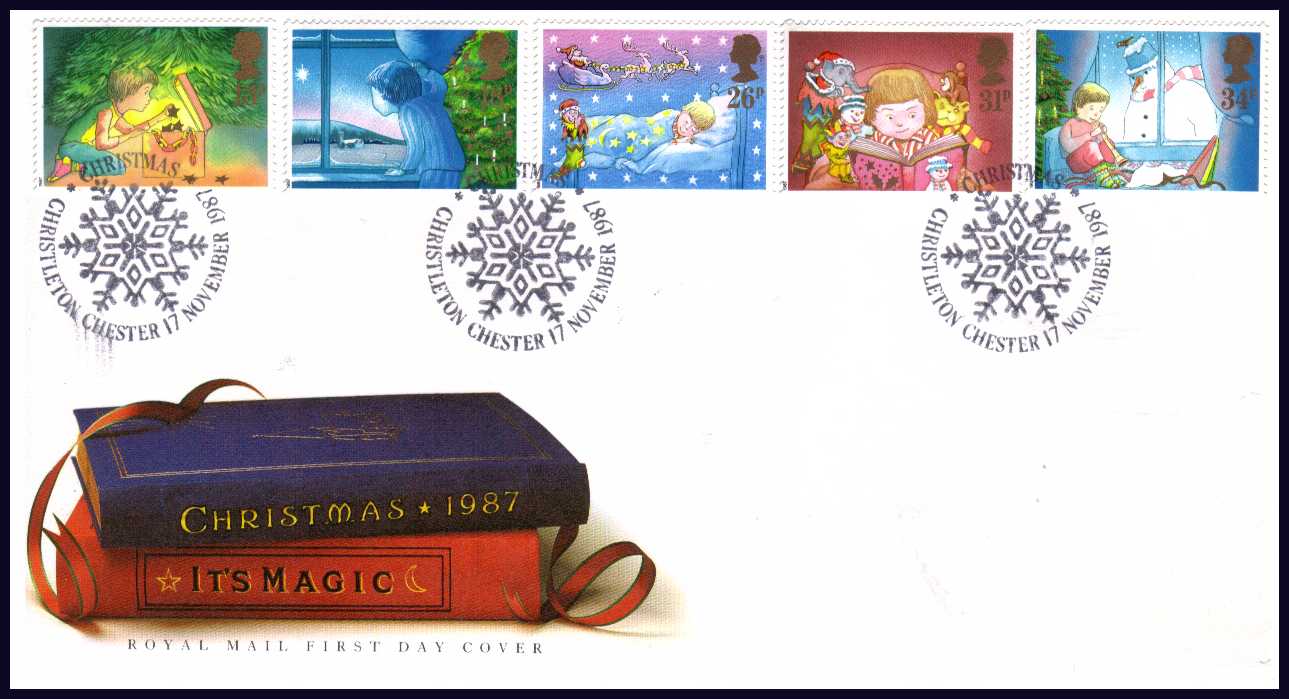view larger back view image for Christmas set of five on unaddressed Post Office FDC cancelled with the CHESTER 'snowflake' cancel