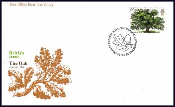 view larger back view image for British Trees (1st Issue) on official  unaddressed Post Office FDC cancelled with ROYAL HORTICULTURAL HALL - LONDON SW1 special cancel.
