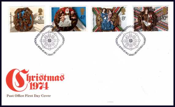view larger back view image for Christmas set of four on official unaddressed Post Office FDC cancelled with BETHLEHEM Special Handstamp