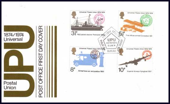 view larger back view image for Centenary of Universal Postal Union set of four on official unaddressed Post Office FDC cancelled with PHILATELIC BUREAU handstamp.