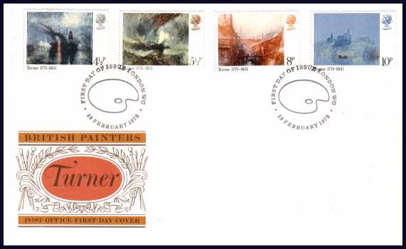 view larger back view image for Turner set of four on official unaddressed Post Office FDC cancelled with the LONDON  (PALETTE) Special Handstamp.