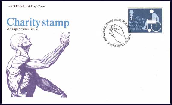view larger back view image for Charity single on official unaddressed Post Office FDC cancelled with PHILATELIC BUREAU special handstamp.