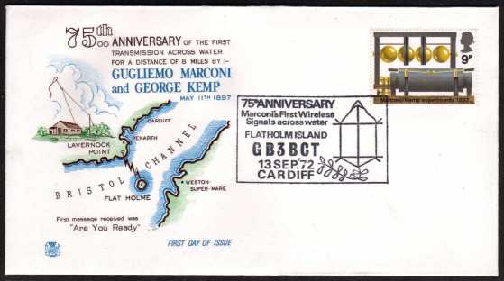 view larger back view image for Broadcasting Anniversaries 9p on Stuart colour unaddressed FDC cancelled with the Flatholm Island - First Wireless Signal - Special Handstamp.