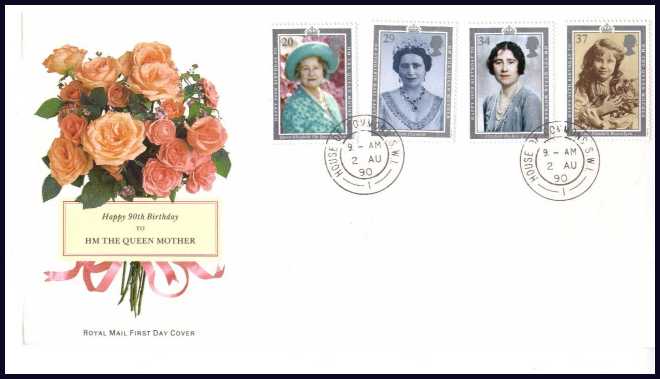 view larger back view image for 90th Birthday of The Queen Mother set of four on official unaddressed Royal Mail FDC cancelled twice with a HOUSE OF COMMONS double ring CDS.