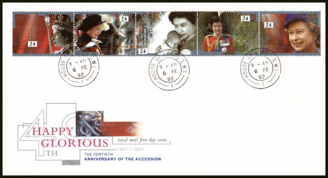 view larger back view image for 'Happy & Glorious' 40th Anniversary of The Queen's Accession strip of five on official Royal Mail FDC cancelled with three crisp upright strikes of the double ring HOUSE OF LORDS CDS's.