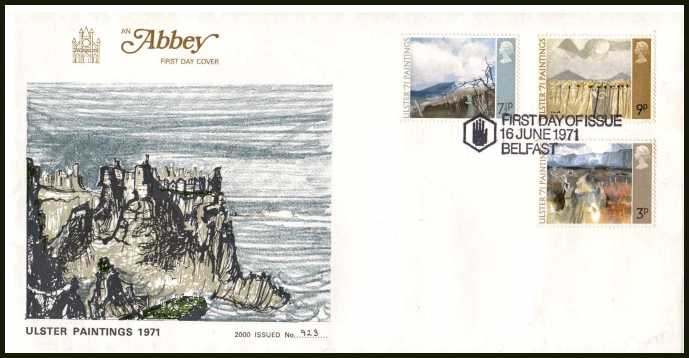 view larger back view image for Ulster Paintings set of three on UNADDRESSED ABBEY numbered FDC (number 923) with the BELFAST special handstamp.
