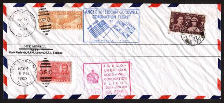 view larger back view image for Coronation single on special AIRMAIL envelope mailed from NEW YORK on MAY 8 1937 the Coronation stamped cancelled 13th (1st Day) and then back to NEW YORK arriving 14th May. A famous cover!