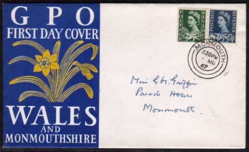 view larger back view image for WALES 9d and 1/6d on official GPO hand addressed FDC cancelled with a MONMOUTH double ring CDS.