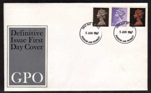 view larger back view image for Machin - 4d 1/- 1/9d on official GPO illustrated FDC cancelled with two strikes of HARROWN & WEMBLEY FDI's