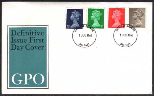 view larger back view image for Machin - 5d 7d 8d 10d on official GPO illustrated FDC cancelled with two strikes of the BELFAST FDI