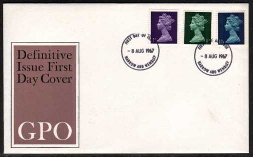 view larger back view image for Machin - 3d 9d 1/6d on official GPO UNADDRESSED illustrated FDC cancelled with two strikes of HARROW & WEMBLEY FDI's