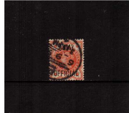view larger image for SG O41var (1896) - �d Vermilion overprinted 'ARMY OFFICIAL' good use showing a 'Broken 'Y' at top of ARMY'