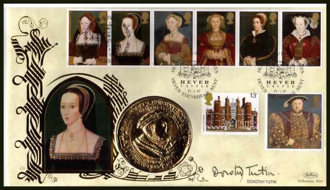 view larger image for SG 1965-1971 (1997) - KIng Henry VIII - Benham coin cover containing Gold coloured giant medal - Autographed by DOROTHY TUTIN who played Anne Boleyn in BBC TV series. With BENHAM guarantee certificate - only 4000 produced.  Normal retail �40